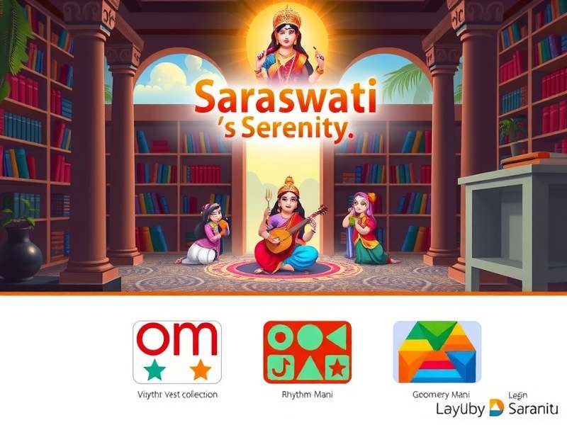 Saraswati S Serenity game banner featuring Goddess Saraswati with veena in a peaceful library