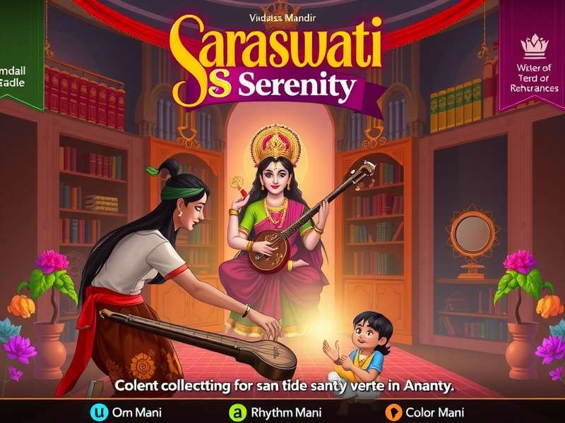 Saraswati S Serenity characters: Goddess Saraswati, Arjun, and Ananya in a library setting